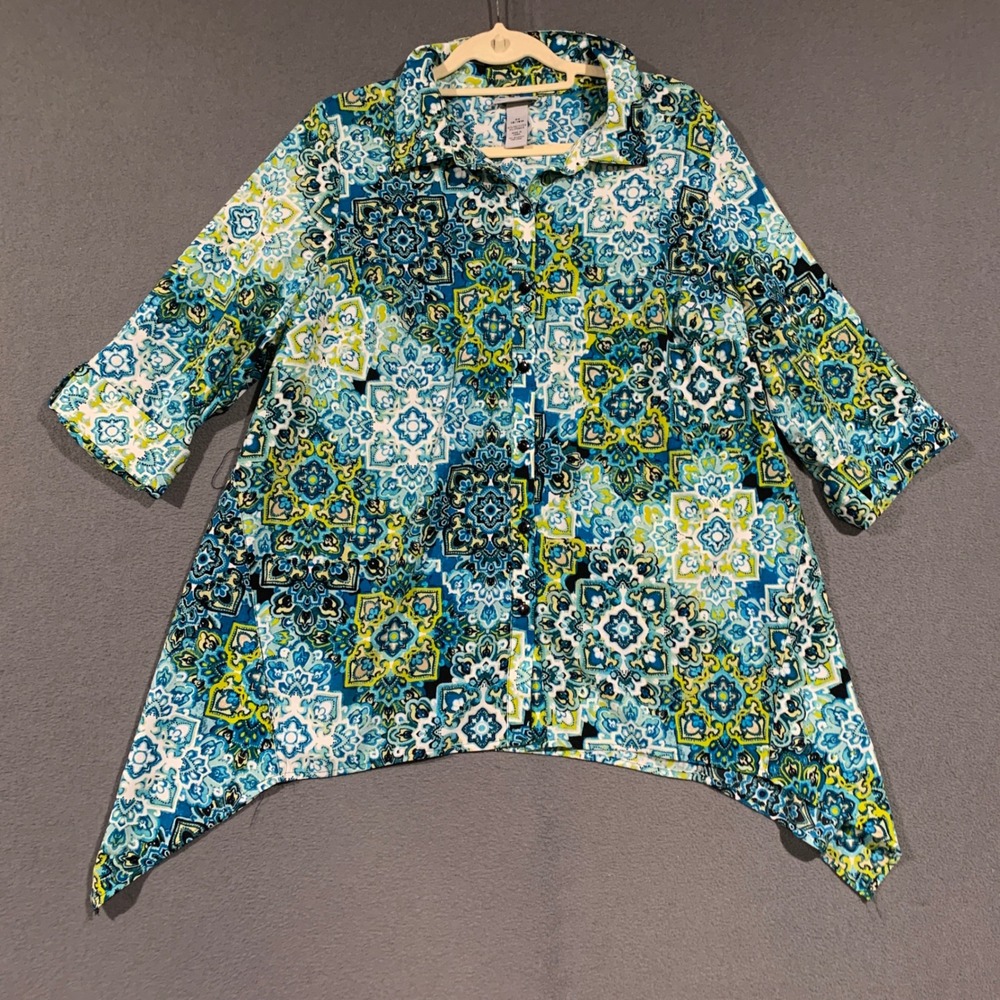 Catherines Button Front Blouse Womens 0X Blue Teal Geometric Sharkbite Top Boho